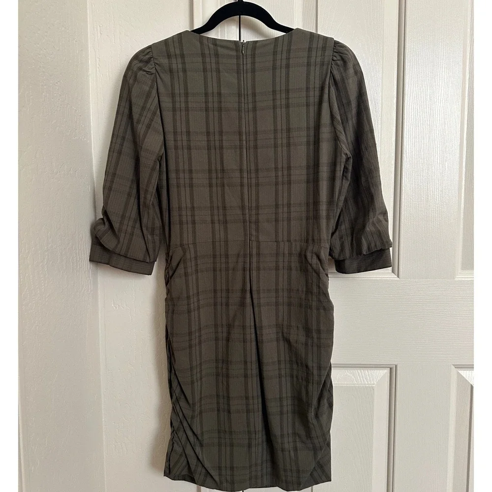 NWT Zara Khaki‎ Green Plaid Side Ruched Puff Sleeve Mini Dress Size Large L